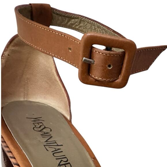 YSL Yves Saint Laurent Women 8.5 Block Heel Sandals Brown Leather Boho Luxury - Picture 5 of 13